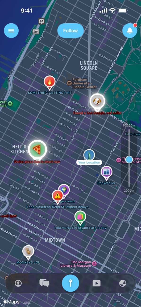 NearbyNow map with pins in Midtown Manhattan